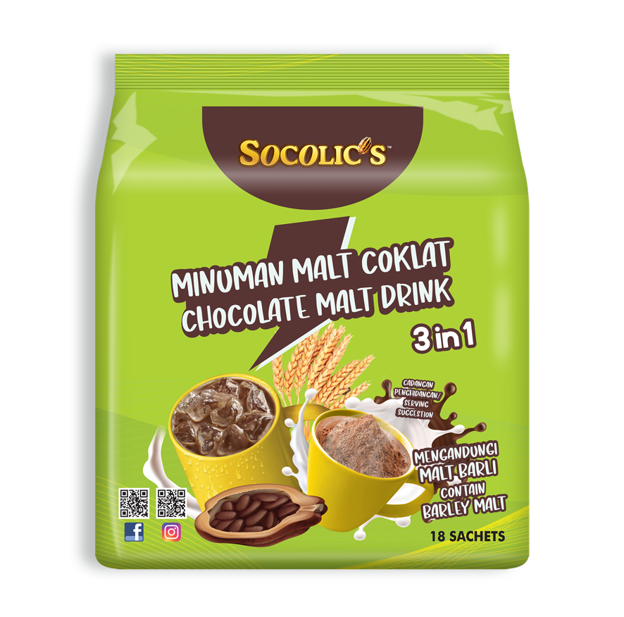 Socolic's 3 IN 1 Chocolate Malt Drink (33g x 18 sachets X 24)