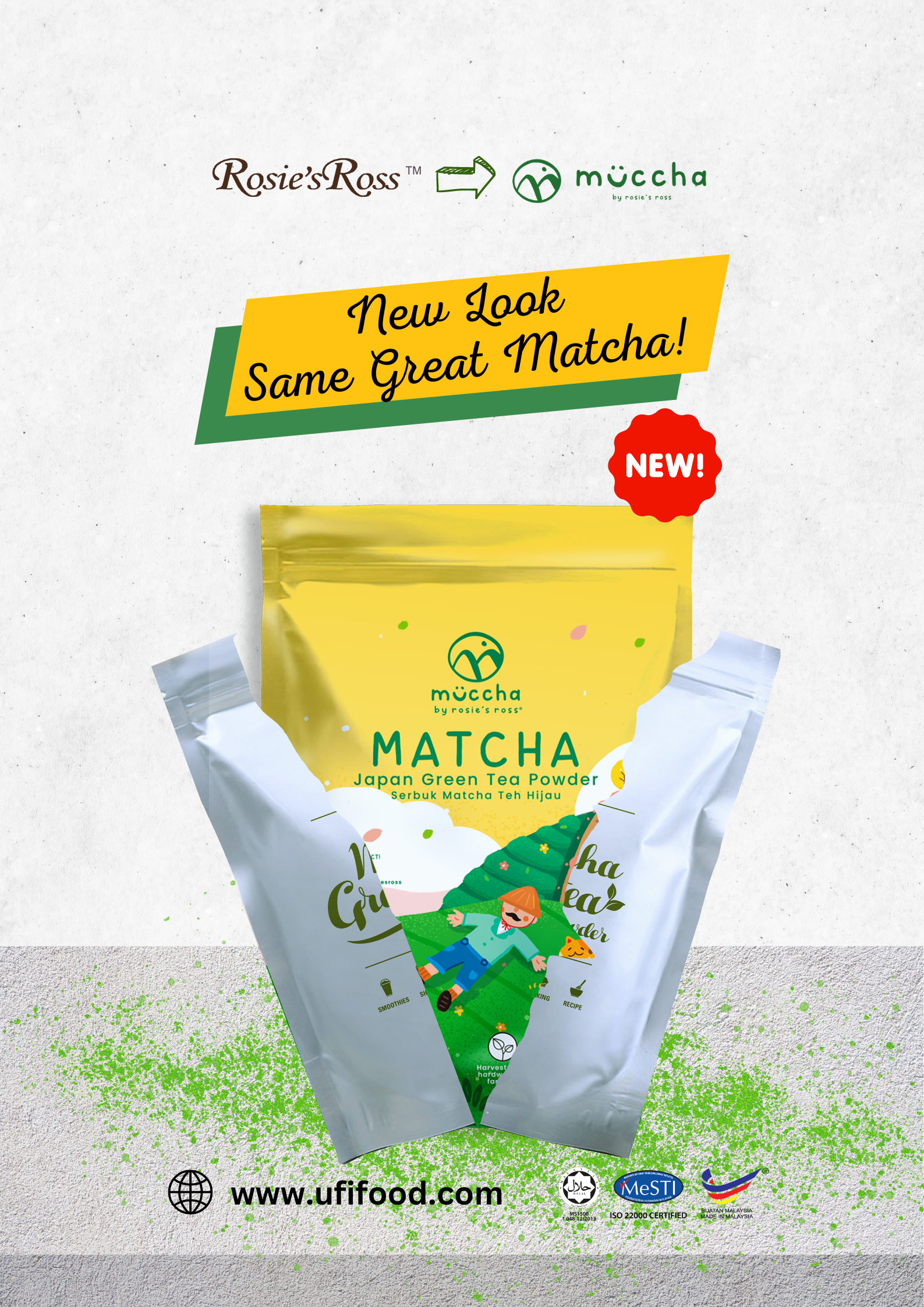Muccha By Rosie's Ross Matcha Green Tea Powder (SWEETENED) (1KG X 10 PKTS)